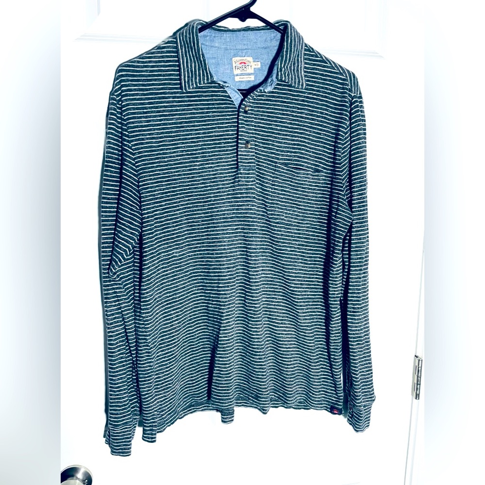 Faherty Polo Shirt Long Sleeve Charcoal  Striped Organic Cotton Pocket Sz M #1